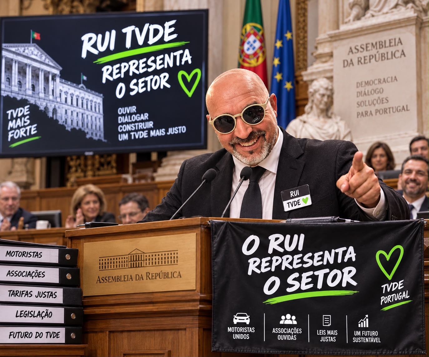 Cartaz satírico: o líder a discursar num plenário com dossiês à frente.