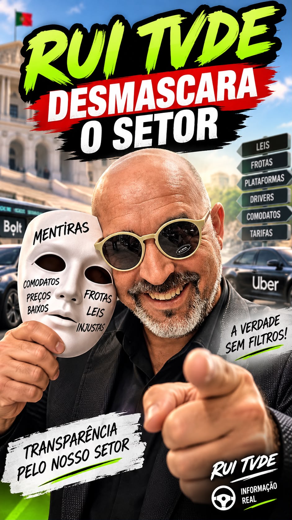 Cartaz satírico: o Presidente segura uma máscara com a palavra «mentiras».