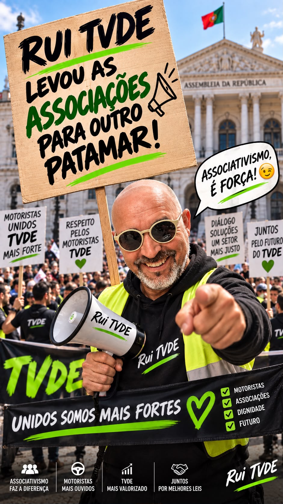 Cartaz satírico: manifestação com cartazes de apoio ao líder.