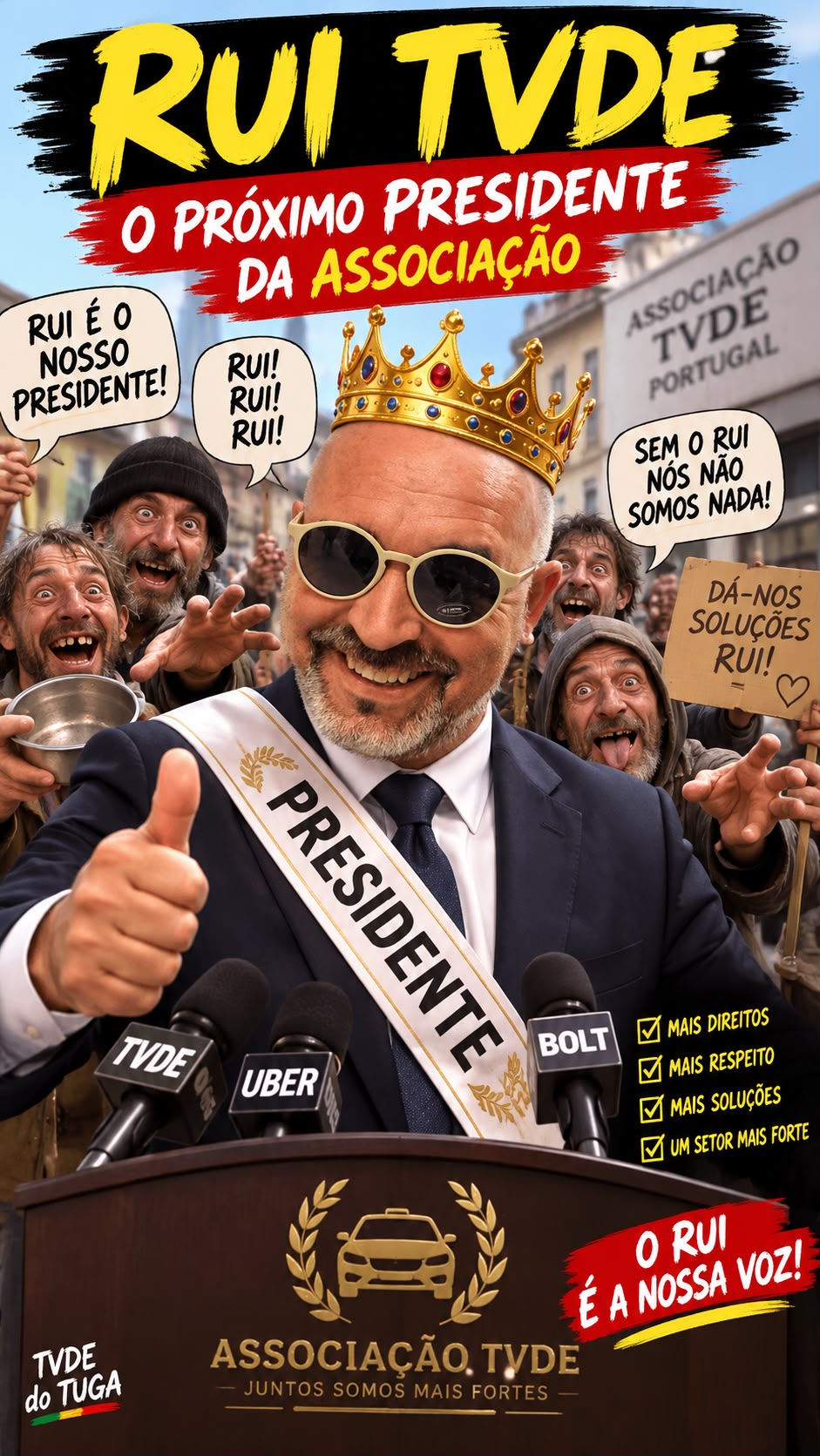 Cartaz satírico: um homem de coroa e faixa de Presidente rodeado por apoiantes eufóricos.